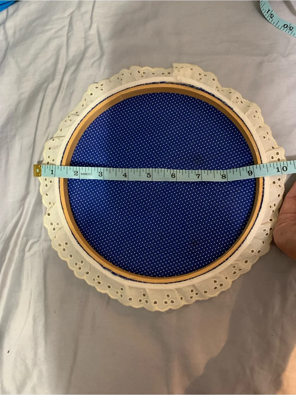 Vintage Handmade Embroidery Hoop Wall Art Blue Cottagecore Lace Folk Decor